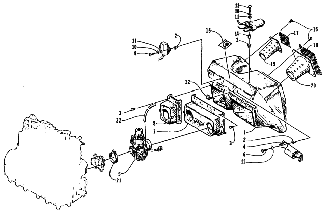 Parts Diagram for Arctic Cat 1995 THUNDERCAT MC DEEP LUG SNOWMOBILE CARBURETOR AND AIR SILENCER ASSEMBLY