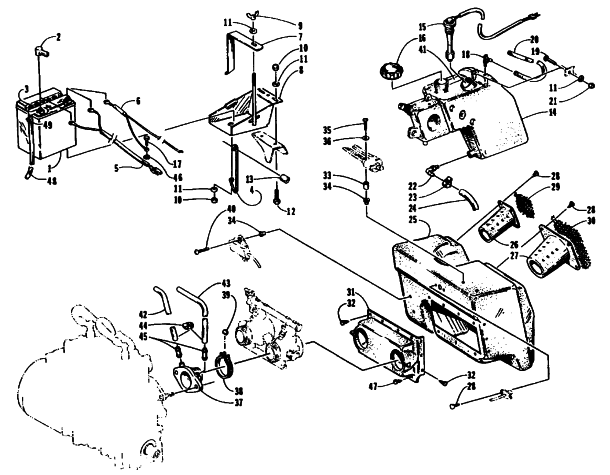 Parts Diagram for Arctic Cat 1995 WILDCAT MOUNTAIN CAT SNOWMOBILE AIR SILENCER, BATTERY, AND OIL TANK