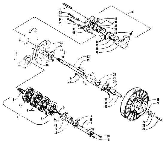 Parts Diagram for Arctic Cat 1995 ZR 700 SNOWMOBILE DRIVE TRAIN SHAFTS AND BRAKE ASSEMBLIES
