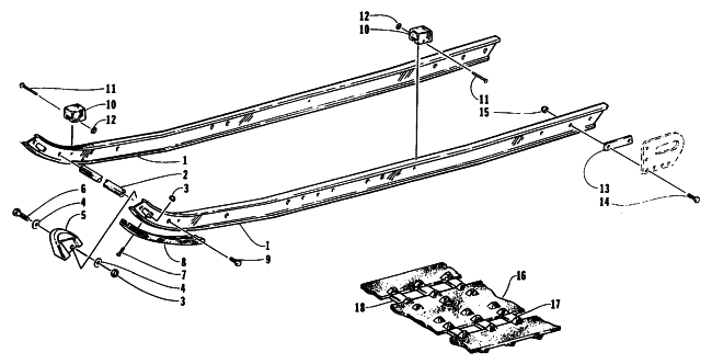 Parts Diagram for Arctic Cat 1995 ZR 700 SNOWMOBILE SLIDE RAIL AND TRACK ASSEMBLY