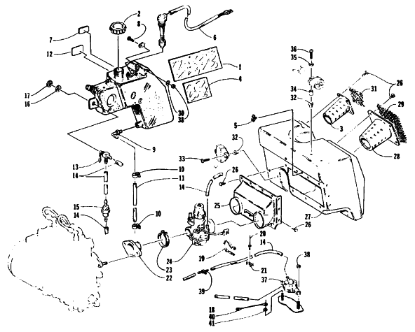 Parts Diagram for Arctic Cat 1995 ZR 700 SNOWMOBILE OIL TANK, CARBURETOR, FUEL PUMP, AND SILENCER