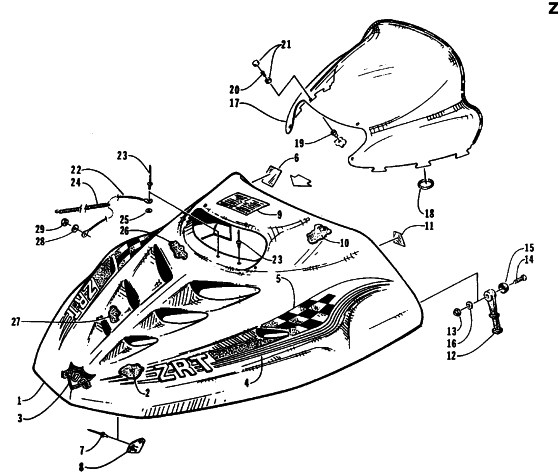 Parts Diagram for Arctic Cat 1995 ZRT 800 SNOWMOBILE HOOD AND WINDSHIELD ASSEMBLY