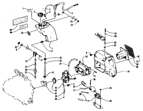 Parts Diagram for Arctic Cat 1995 ZR 580 SNOWMOBILE OIL TANK, CARBURETOR, FUEL PUMP, AND SILENCER