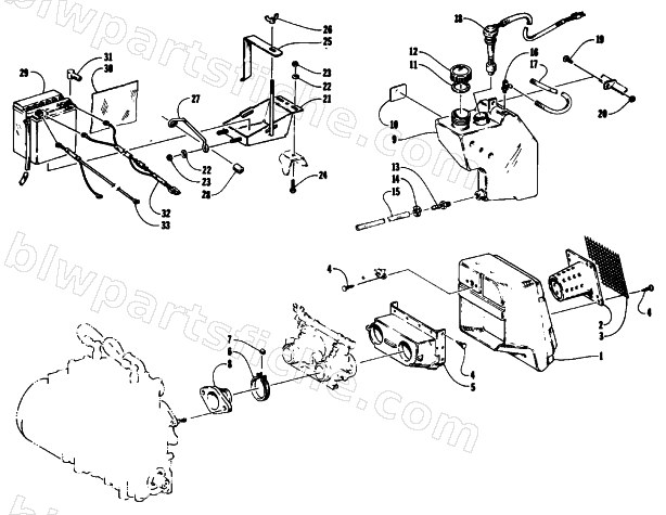 AIR SILENCER, BATTERY, AND OIL TANK diagram