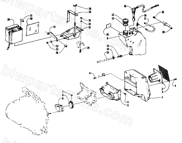 AIR SILENCER, BATTERY, AND OIL TANK diagram