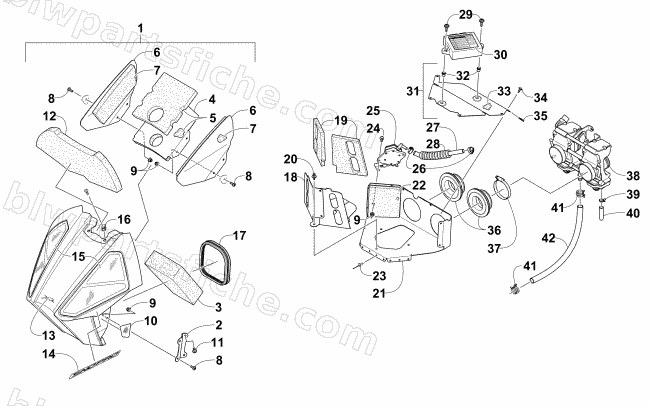 AIR SILENCER, CARBURETOR, AND FUEL PUMP ASSEMBLY diagram