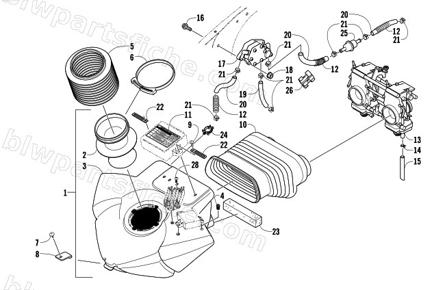 AIR SILENCER, CARBURETOR, AND FUEL PUMP ASSEMBLY diagram