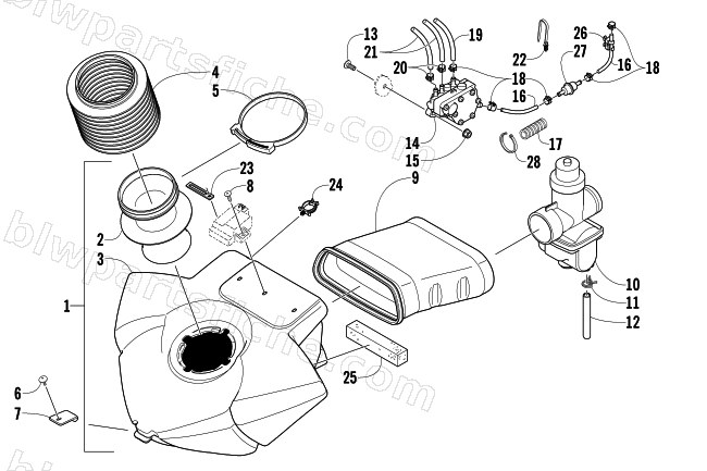 AIR SILENCER, CARBURETOR, AND FUEL PUMP ASSEMBLY diagram
