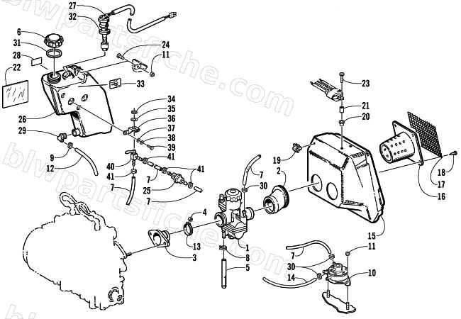 CARBURETOR, FUEL PUMP, OIL TANK, & AIR SILENCER diagram