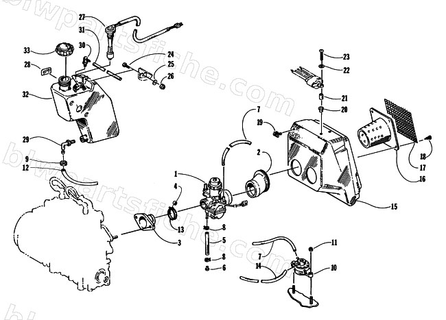 CARBURETOR, FUEL PUMP, OIL TANK, AND AIR SILENCER diagram