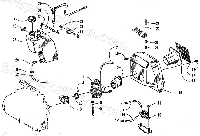 CARBURETOR, FUEL PUMP, OIL TANK, AND AIR SILENCER diagram