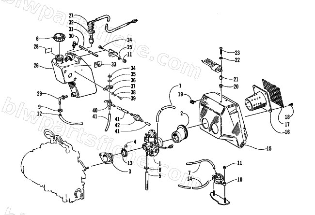 CARBURETOR, FUEL PUMP, OIL TANK, AND AIR SILENCER diagram