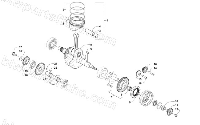 CRANKSHAFT, BALANCER, STARTER GEAR, AND PISTON ASSEMBLIES diagram