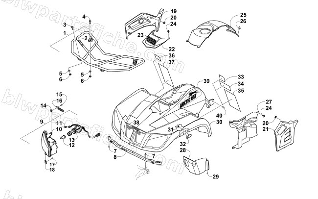 FRONT BODY, RACK, AND HEADLIGHT ASSEMBLY diagram