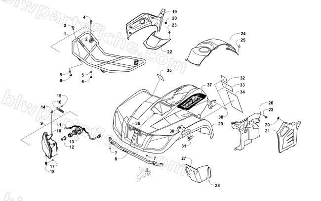 FRONT BODY, RACK, AND HEADLIGHT ASSEMBLY diagram