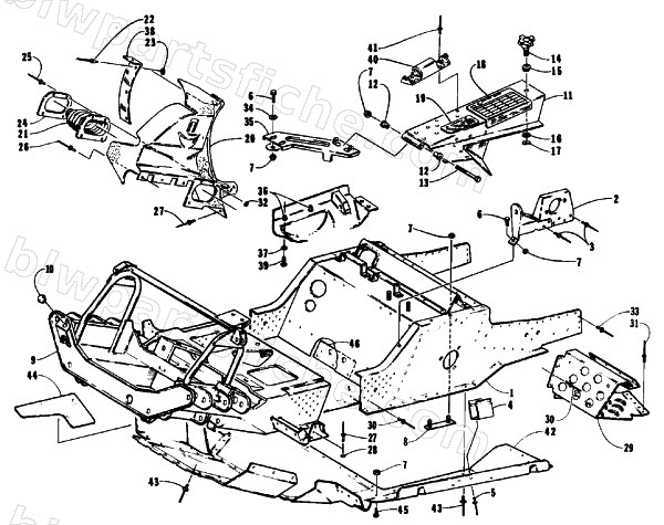 FRONT FRAME, BELLY PAN AND FOOTREST ASSEMBLY diagram