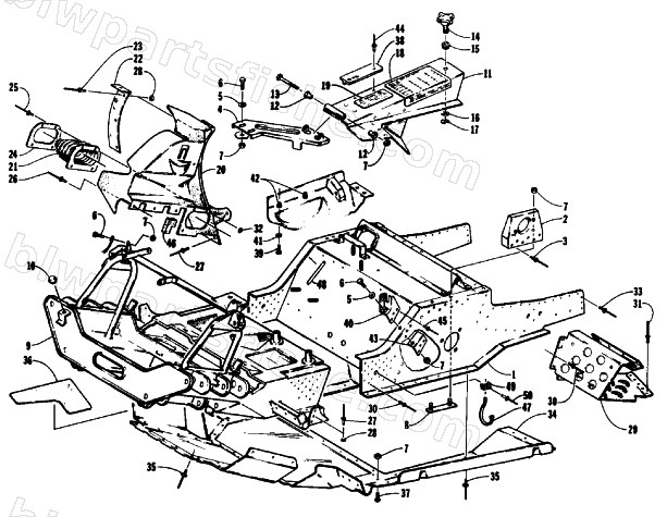 FRONT FRAME, BELLY PAN AND FOOTREST ASSEMBLY diagram