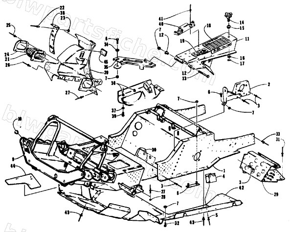 FRONT FRAME, BELLY PAN AND FOOTREST ASSEMBLY diagram