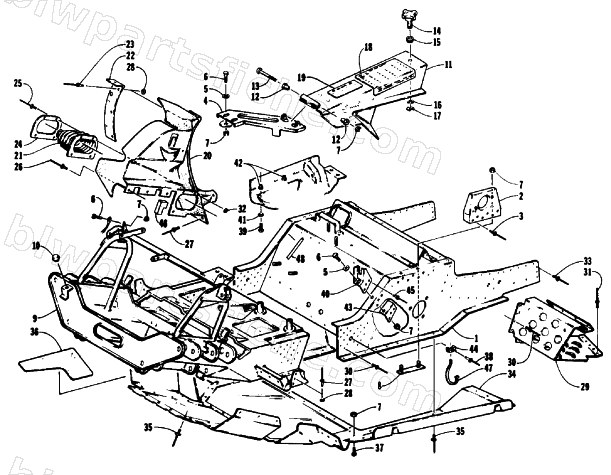 FRONT FRAME, BELLY PAN AND FOOTREST ASSEMBLY diagram