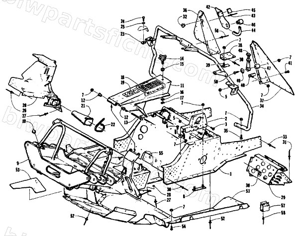 FRONT FRAME, BELLY PAN AND FOOTREST ASSEMBLY diagram