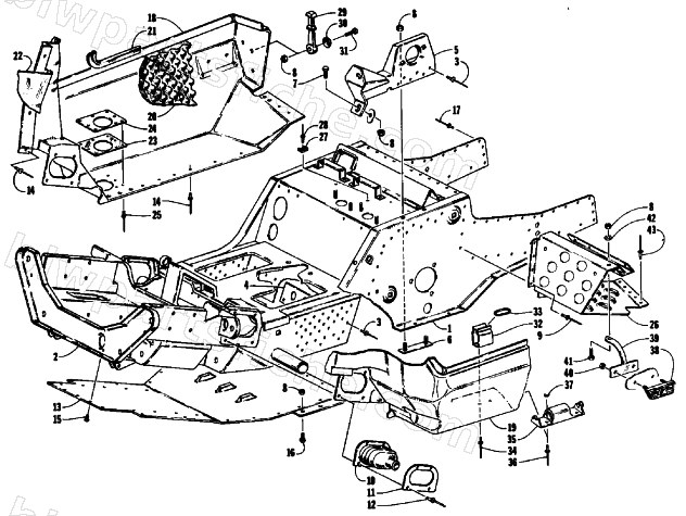 FRONT FRAME, BELLY PAN AND FOOTREST ASSEMBLY diagram