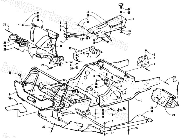 FRONT FRAME, BELLY PAN AND FOOTREST ASSEMBLY diagram