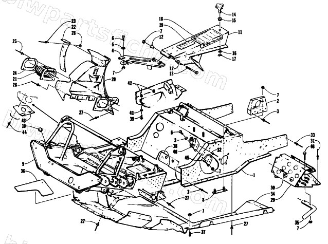 FRONT FRAME, BELLY PAN AND FOOTREST ASSEMBLY diagram