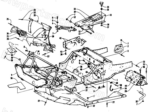 FRONT FRAME, BELLY PAN AND FOOTREST ASSEMBLY diagram