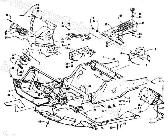 FRONT FRAME, BELLY PAN AND FOOTREST ASSEMBLY diagram