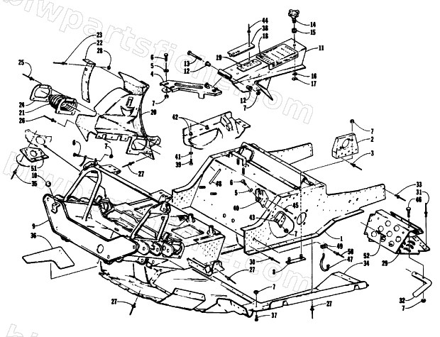 FRONT FRAME, BELLY PAN AND FOOTREST ASSEMBLY diagram