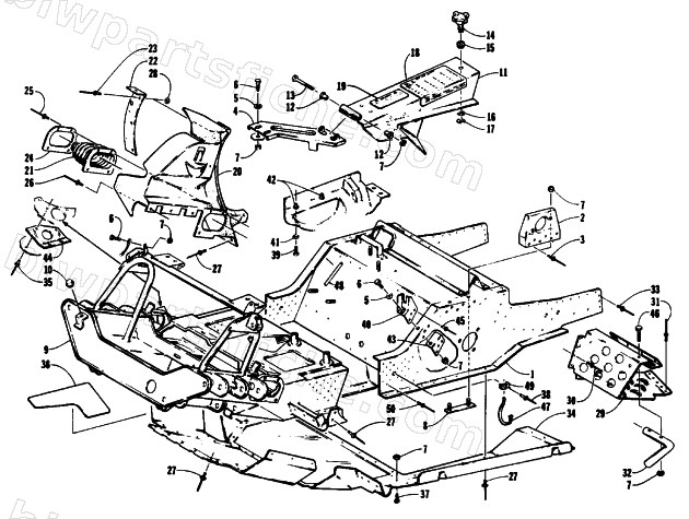 FRONT FRAME, BELLY PAN AND FOOTREST ASSEMBLY diagram