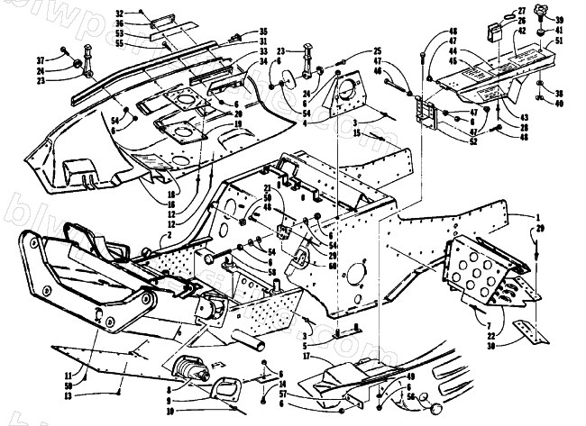 FRONT FRAME, BELLY PAN AND FOOTREST ASSEMBLY diagram