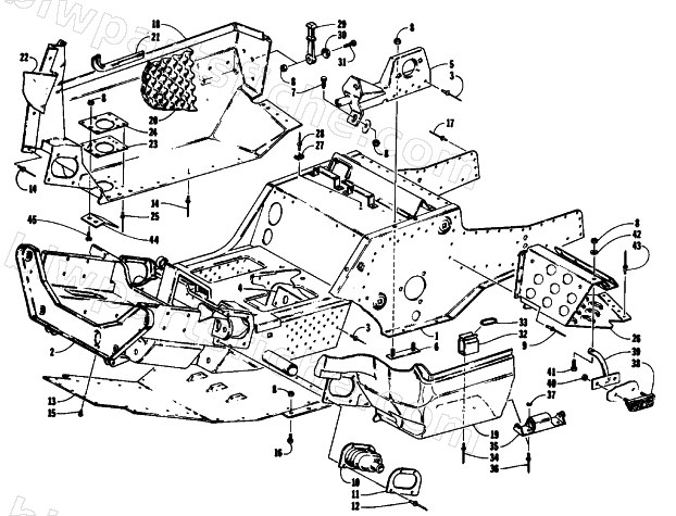 FRONT FRAME, BELLY PAN AND FOOTREST ASSEMBLY diagram