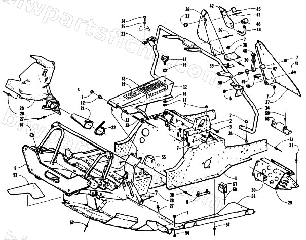 FRONT FRAME, BELLY PAN AND FOOTREST ASSEMBLY diagram
