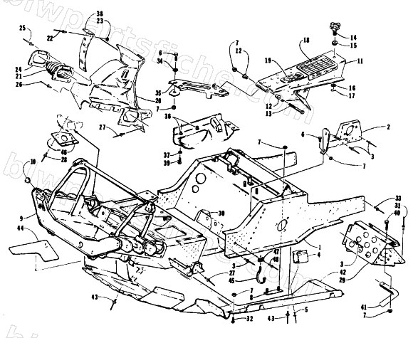 FRONT FRAME, BELLY PAN AND FOOTREST ASSEMBLY diagram