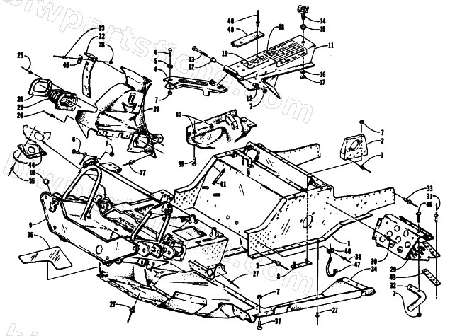FRONT FRAME, BELLY PAN AND FOOTREST ASSEMBLY diagram