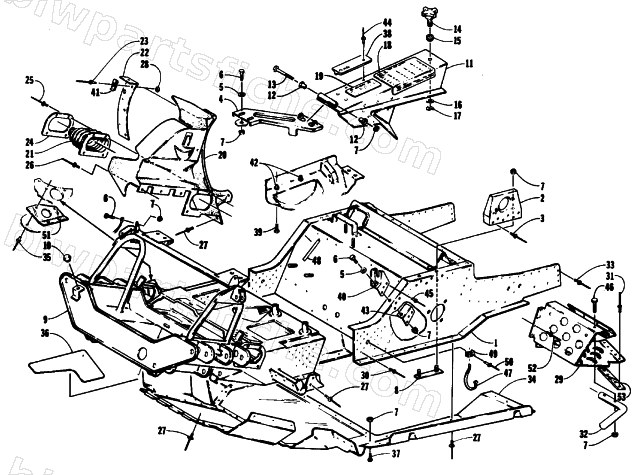 FRONT FRAME, BELLY PAN AND FOOTREST ASSEMBLY diagram