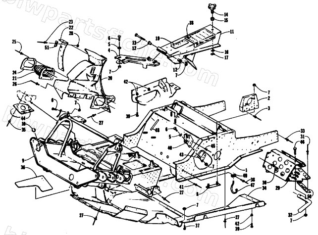 FRONT FRAME, BELLY PAN AND FOOTREST ASSEMBLY diagram