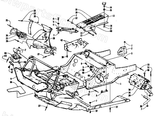FRONT FRAME, BELLY PAN AND FOOTREST ASSEMBLY diagram