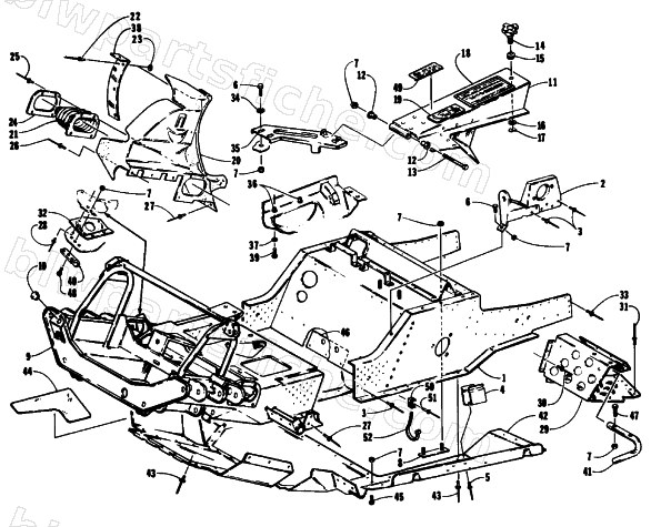 FRONT FRAME, BELLY PAN AND FOOTREST ASSEMBLY diagram