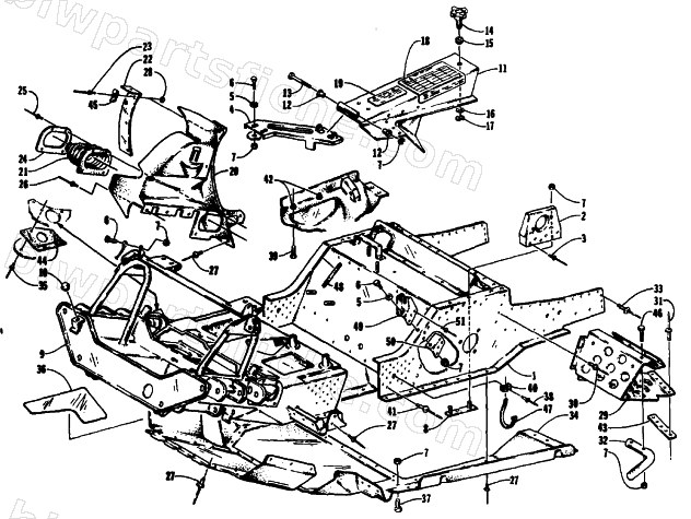 FRONT FRAME, BELLY PAN AND FOOTREST ASSEMBLY diagram