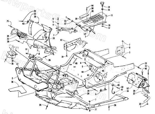 FRONT FRAME, BELLY PAN AND FOOTREST ASSEMBLY diagram