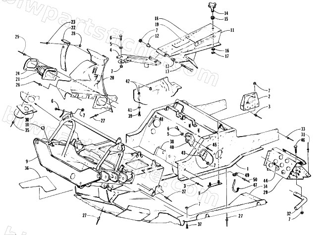 FRONT FRAME, BELLY PAN AND FOOTREST ASSEMBLY diagram