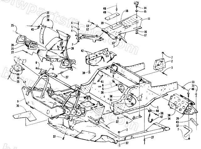 FRONT FRAME, BELLY PAN, AND FOOTREST ASSEMBLY diagram