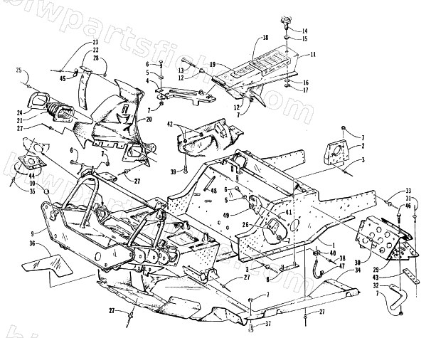 FRONT FRAME, BELLY PAN, AND FOOTREST ASSEMBLY diagram
