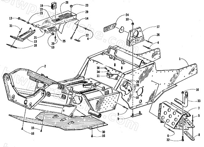 FRONT FRAME, BELLY PAN, AND FOOTREST ASSEMBLY diagram