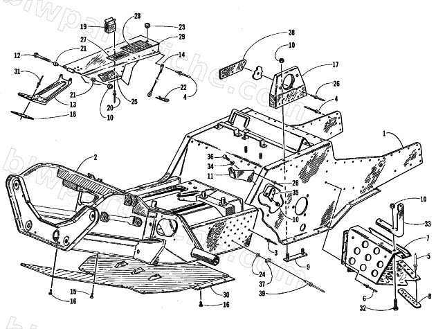FRONT FRAME, BELLY PAN, AND FOOTREST ASSEMBLY diagram