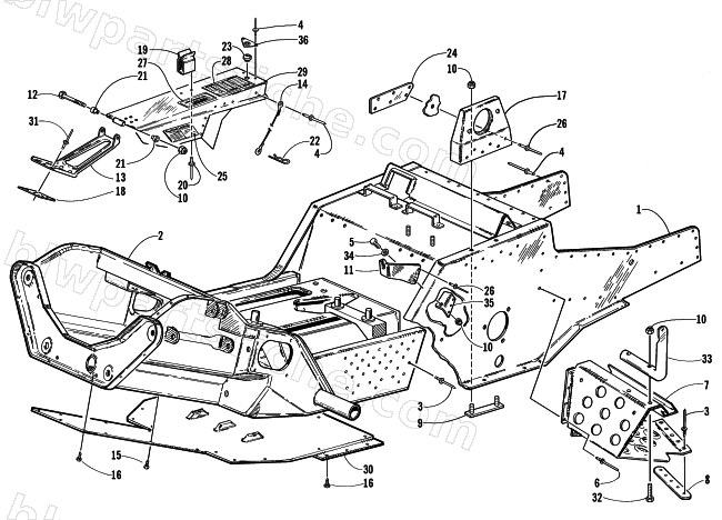 FRONT FRAME, BELLY PAN, AND FOOTREST ASSEMBLY diagram