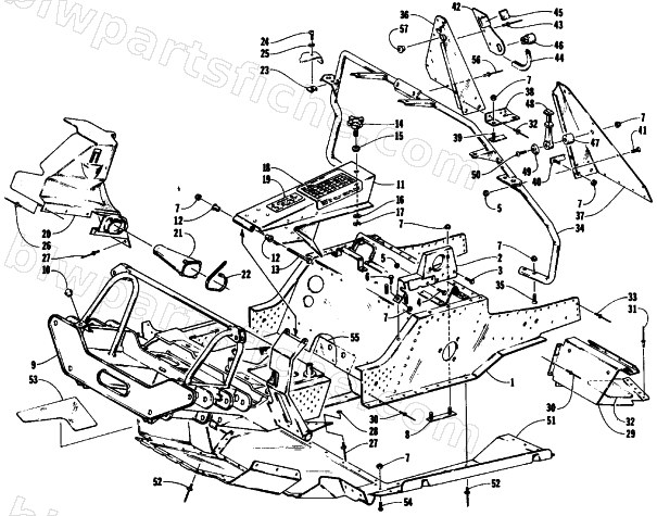 FRONT FRAME, BELLY PAN AND FOOTREST ASSEMBLY diagram