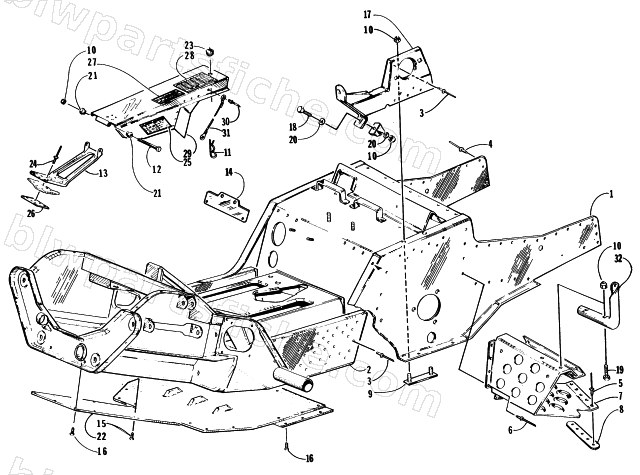 FRONT FRAME, FOOTREST, AND BELT GUARD ASSEMBLY diagram